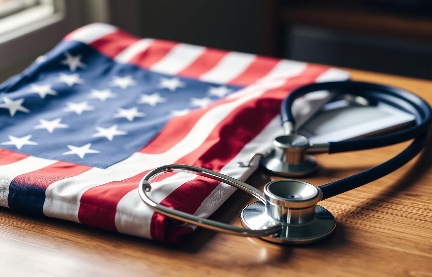 American flag folded next to a stethoscope on a wooden desk